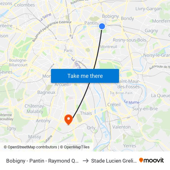 Bobigny - Pantin - Raymond Queneau to Stade Lucien Grelinger map
