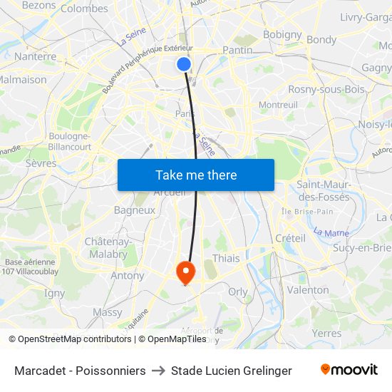 Marcadet - Poissonniers to Stade Lucien Grelinger map