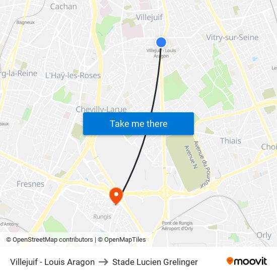 Villejuif - Louis Aragon to Stade Lucien Grelinger map
