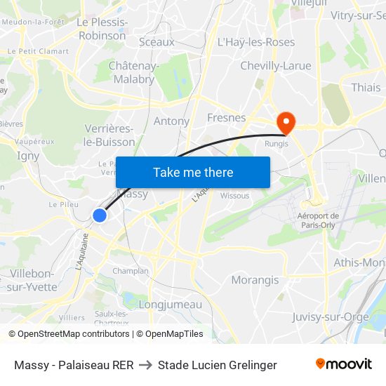 Massy - Palaiseau RER to Stade Lucien Grelinger map