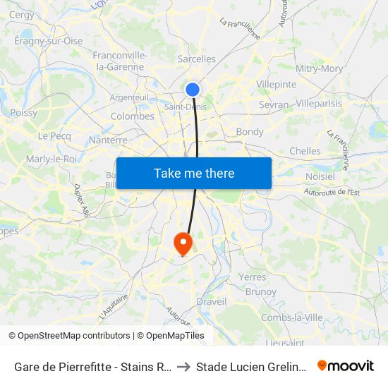 Gare de Pierrefitte - Stains RER to Stade Lucien Grelinger map