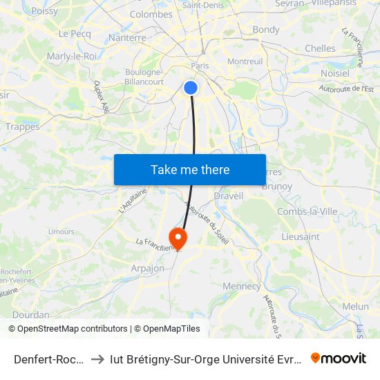 Denfert-Rochereau to Iut Brétigny-Sur-Orge Université Evry Val D'Essonne map