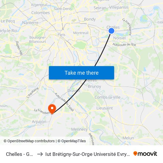 Chelles - Gournay to Iut Brétigny-Sur-Orge Université Evry Val D'Essonne map