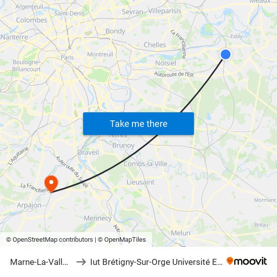 Marne-La-Vallée Chessy to Iut Brétigny-Sur-Orge Université Evry Val D'Essonne map