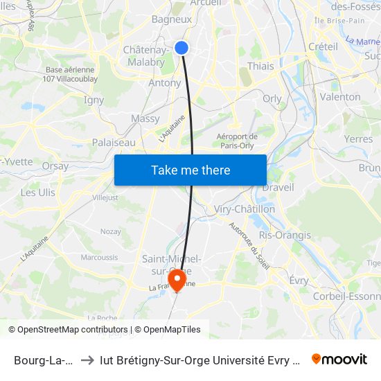 Bourg-La-Reine to Iut Brétigny-Sur-Orge Université Evry Val D'Essonne map