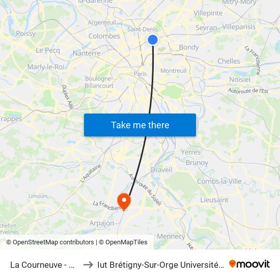 La Courneuve - Aubervilliers to Iut Brétigny-Sur-Orge Université Evry Val D'Essonne map