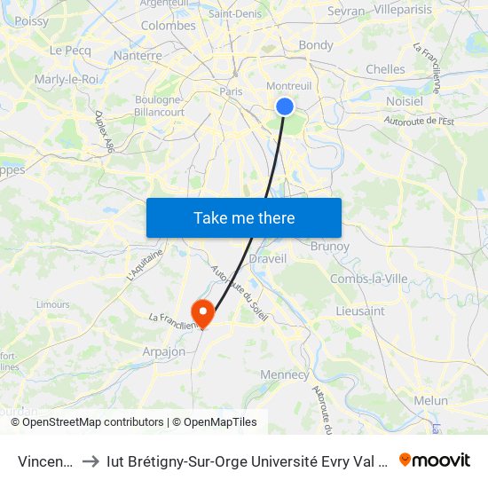 Vincennes to Iut Brétigny-Sur-Orge Université Evry Val D'Essonne map