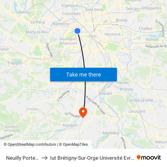Neuilly Porte Maillot to Iut Brétigny-Sur-Orge Université Evry Val D'Essonne map