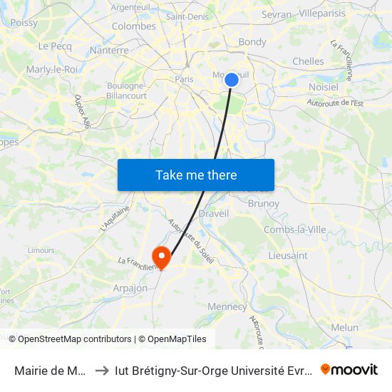 Mairie de Montreuil to Iut Brétigny-Sur-Orge Université Evry Val D'Essonne map
