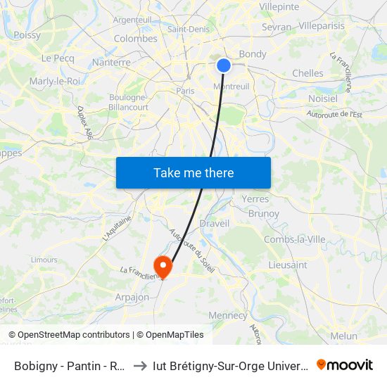 Bobigny - Pantin - Raymond Queneau to Iut Brétigny-Sur-Orge Université Evry Val D'Essonne map