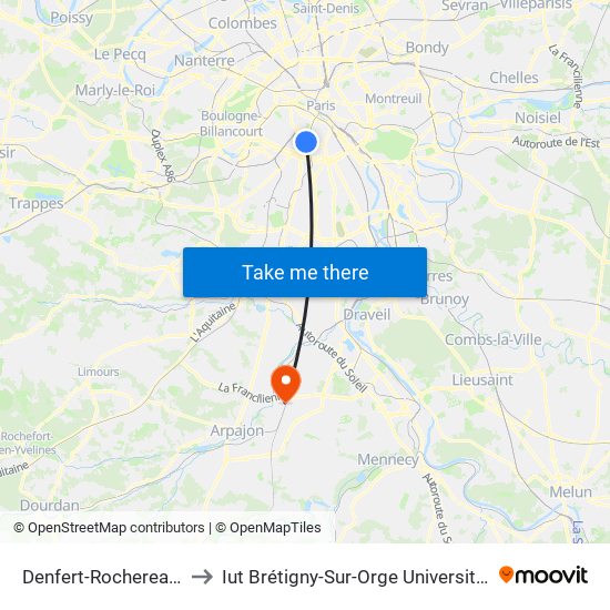 Denfert-Rochereau - Métro-Rer to Iut Brétigny-Sur-Orge Université Evry Val D'Essonne map