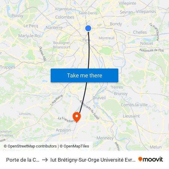 Porte de la Chapelle to Iut Brétigny-Sur-Orge Université Evry Val D'Essonne map
