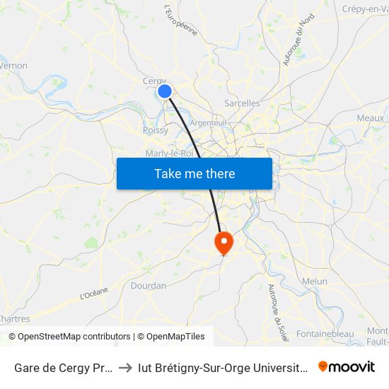 Gare de Cergy Préfecture (C) to Iut Brétigny-Sur-Orge Université Evry Val D'Essonne map