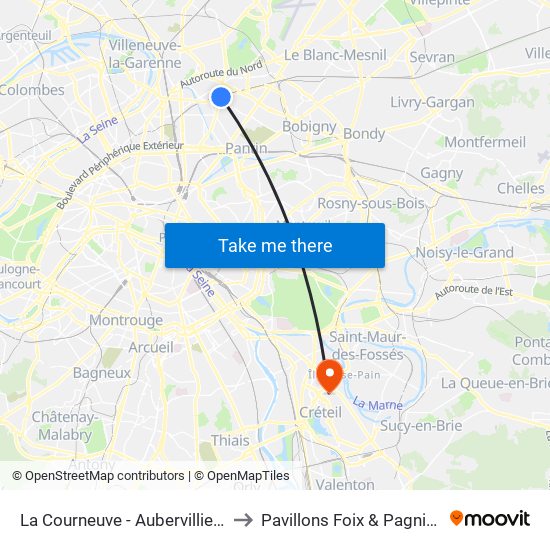La Courneuve - Aubervilliers to Pavillons Foix & Pagniez map