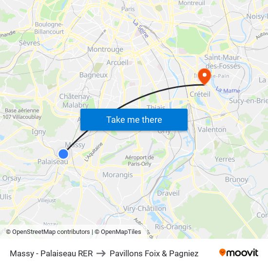 Massy - Palaiseau RER to Pavillons Foix & Pagniez map