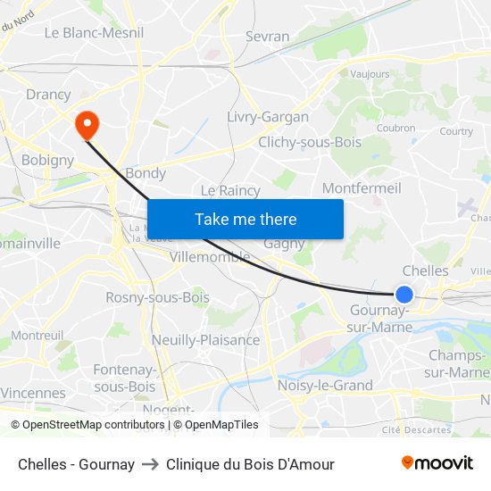 Chelles - Gournay to Clinique du Bois D'Amour map