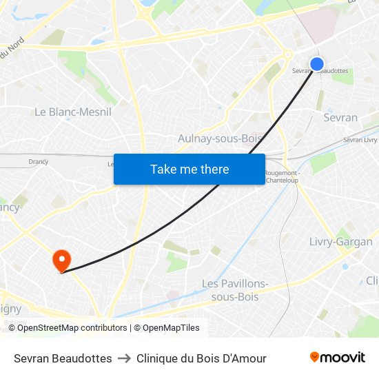 Sevran Beaudottes to Clinique du Bois D'Amour map