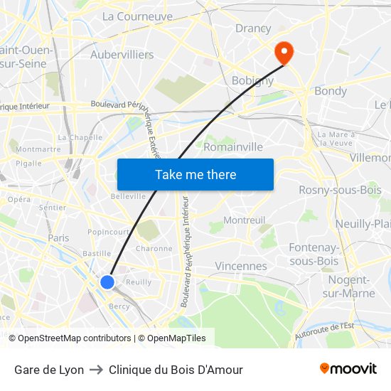 Gare de Lyon to Clinique du Bois D'Amour map