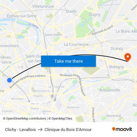 Clichy - Levallois to Clinique du Bois D'Amour map
