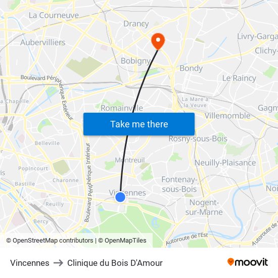 Vincennes to Clinique du Bois D'Amour map