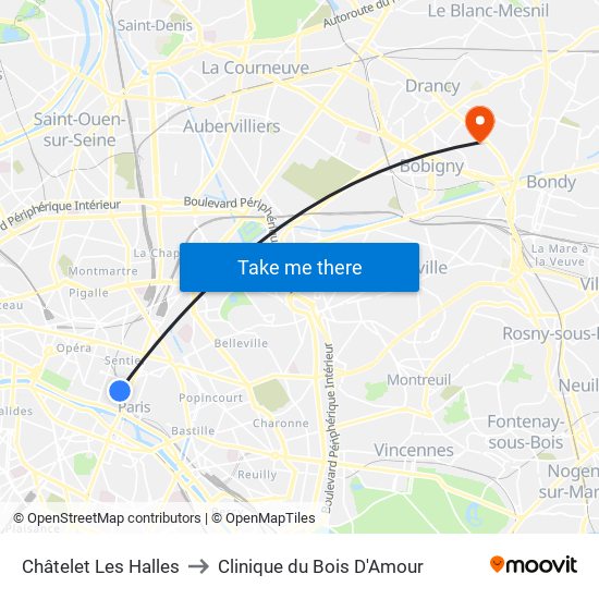 Châtelet Les Halles to Clinique du Bois D'Amour map