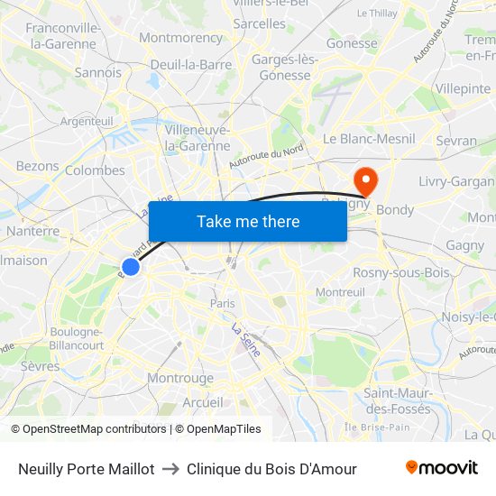 Neuilly Porte Maillot to Clinique du Bois D'Amour map