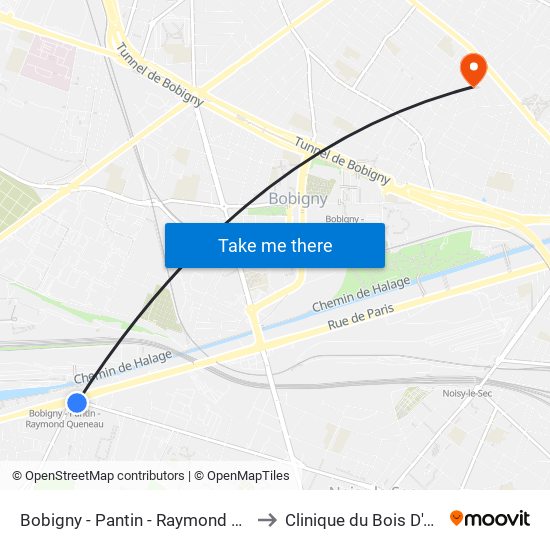 Bobigny - Pantin - Raymond Queneau to Clinique du Bois D'Amour map