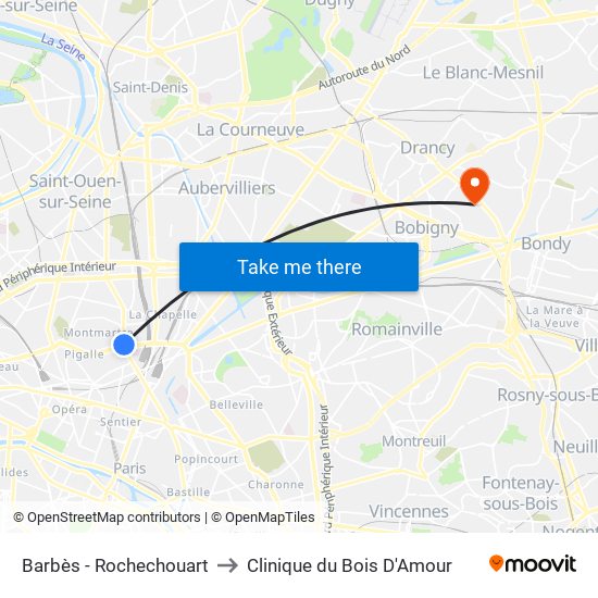 Barbès - Rochechouart to Clinique du Bois D'Amour map