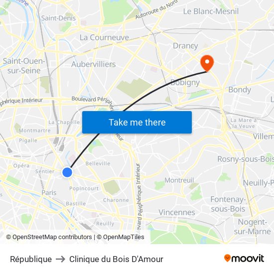 République to Clinique du Bois D'Amour map