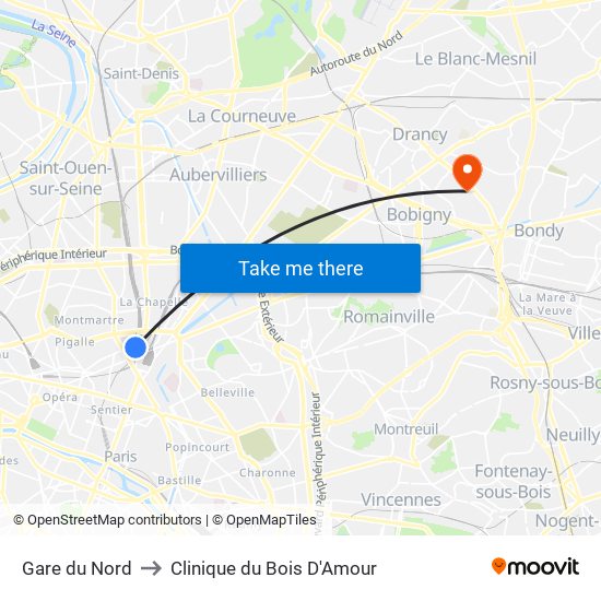 Gare du Nord to Clinique du Bois D'Amour map