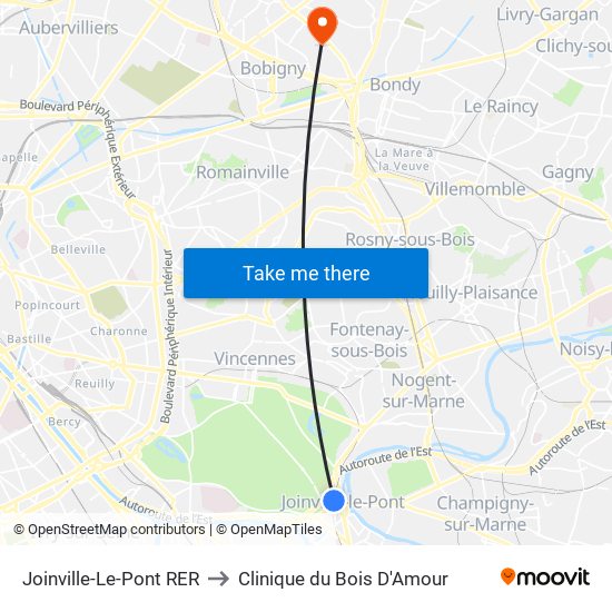 Joinville-Le-Pont RER to Clinique du Bois D'Amour map