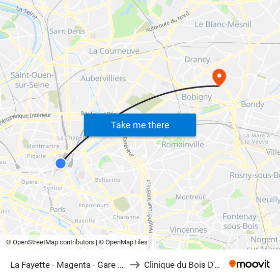 La Fayette - Magenta - Gare du Nord to Clinique du Bois D'Amour map