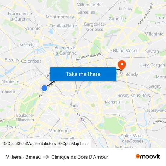 Villiers - Bineau to Clinique du Bois D'Amour map