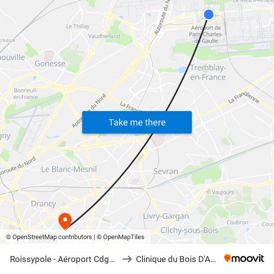 Roissypole - Aéroport Cdg1 (E2) to Clinique du Bois D'Amour map
