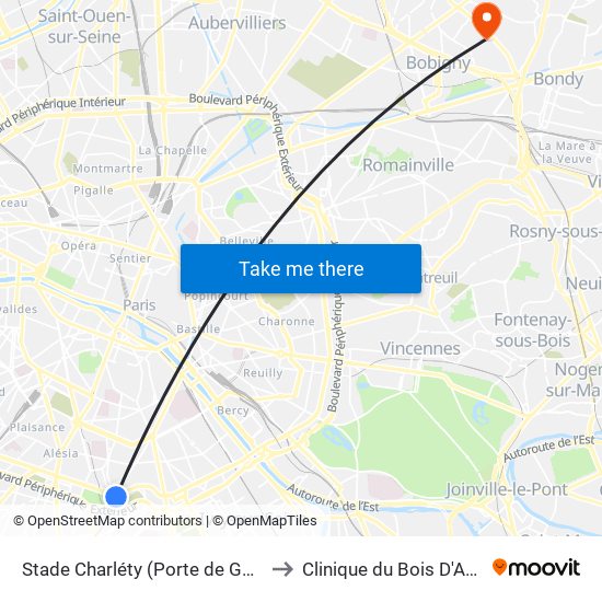 Stade Charléty (Porte de Gentilly) to Clinique du Bois D'Amour map