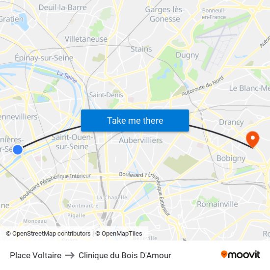 Place Voltaire to Clinique du Bois D'Amour map