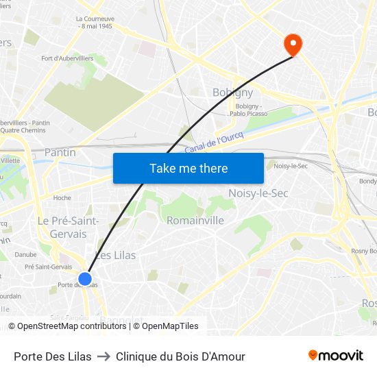 Porte Des Lilas to Clinique du Bois D'Amour map