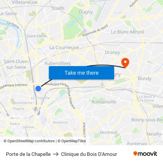 Porte de la Chapelle to Clinique du Bois D'Amour map