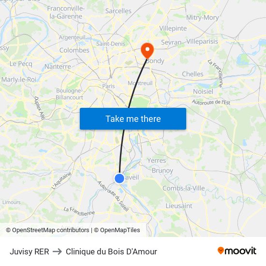 Juvisy RER to Clinique du Bois D'Amour map