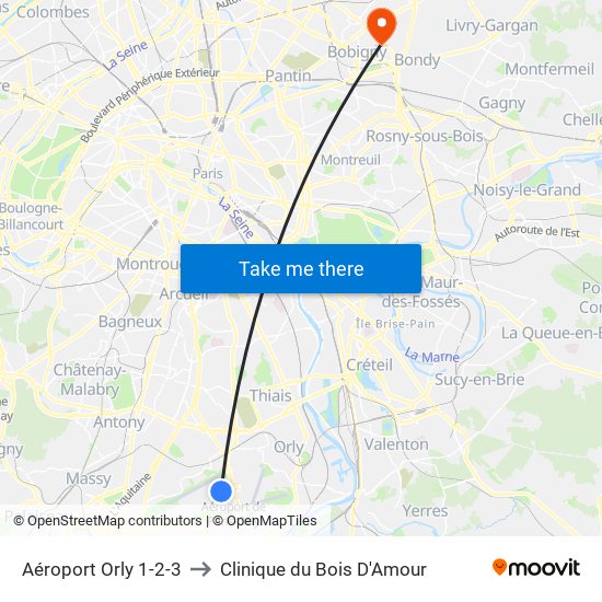Aéroport Orly 1-2-3 to Clinique du Bois D'Amour map