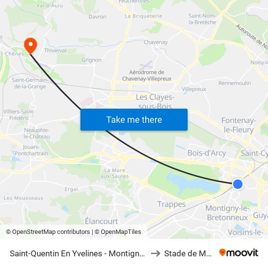 Saint-Quentin En Yvelines - Montigny-Le-Bretonneux to Stade de Mortemai map