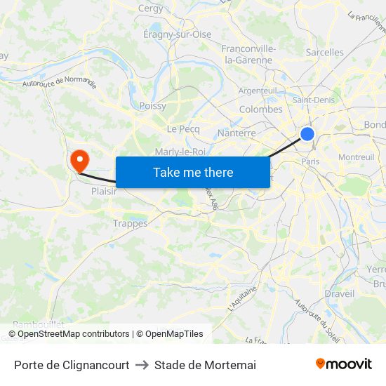 Porte de Clignancourt to Stade de Mortemai map
