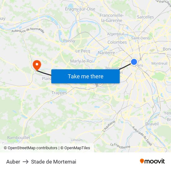 Auber to Stade de Mortemai map