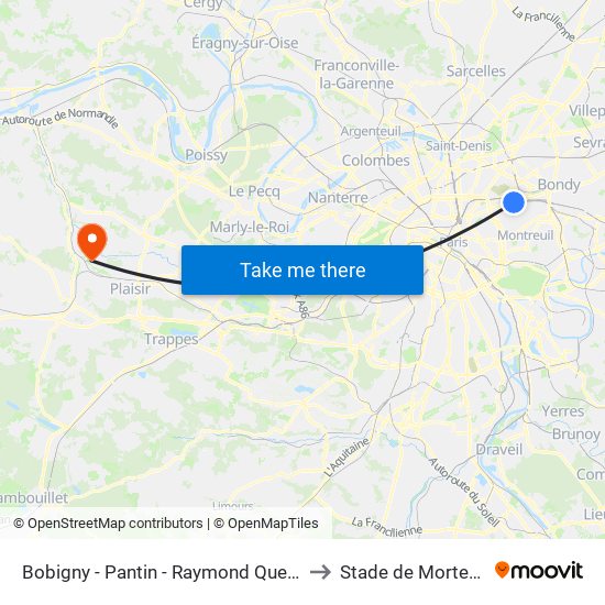 Bobigny - Pantin - Raymond Queneau to Stade de Mortemai map