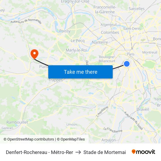 Denfert-Rochereau - Métro-Rer to Stade de Mortemai map