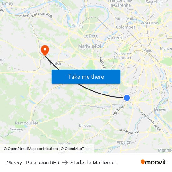Massy - Palaiseau RER to Stade de Mortemai map