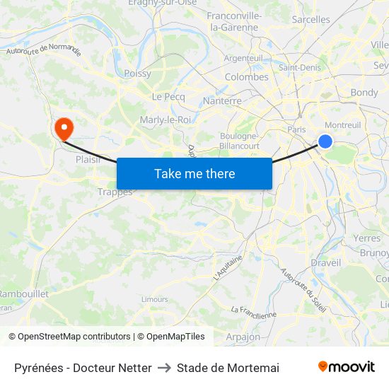 Pyrénées - Docteur Netter to Stade de Mortemai map