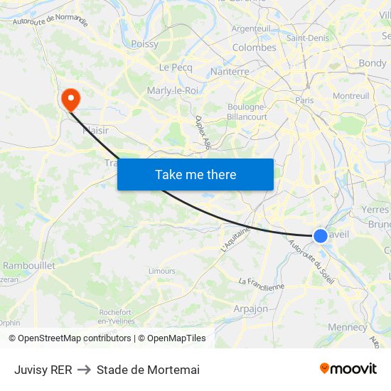 Juvisy RER to Stade de Mortemai map