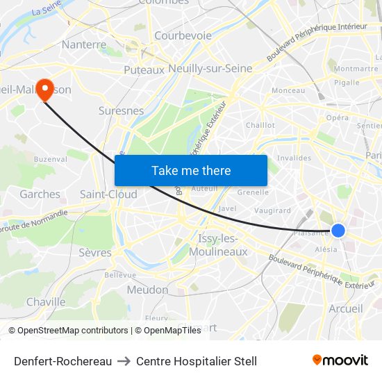 Denfert-Rochereau to Centre Hospitalier Stell map