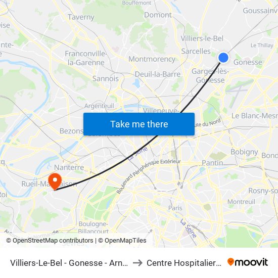 Villiers-Le-Bel - Gonesse - Arnouville to Centre Hospitalier Stell map